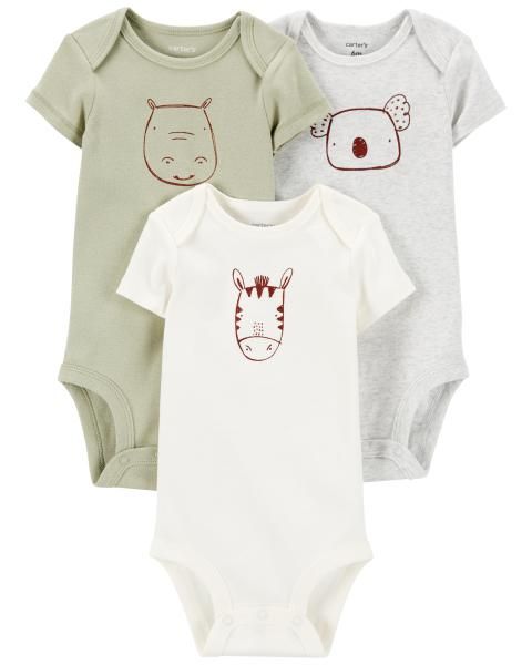 Set 3 Bodysuit Liền Quần Bé Trai Màu Xanh Mạ Và Trắng Hình Động Vật Carter's 0-24M