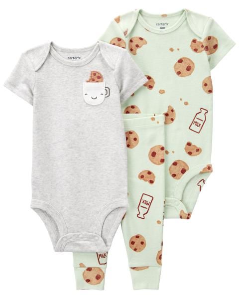 Set 2 Bodysuit Liền Quần Bé Trai Màu Xanh Lá Hình Bánh Quy Kèm Quần Dài Carter's 0-24M