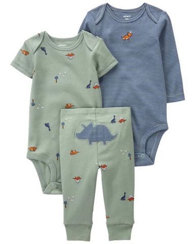 Set 2 Bodysuit Liền Quần Bé Trai Màu Xanh Mạ Hình Khủng Long Kèm Quần Dài Carter's 0-24M