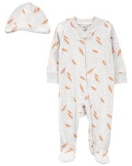 Set Bodysuit Liền Quần Dài Bé Màu Xám Hình Lông Vũ Kèm Nón Carter's 0-24M