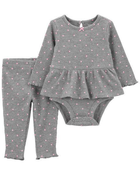 Set Bodysuit Liền Quần Bé Gái Kèm Quần Màu Xám Chấm Bi Hồng Carter's 0-24M