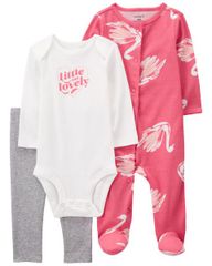 Set 2 Bodysuit Liền Quần Bé Gái Màu Hồng Hình Thiên Nga Kèm Quần Dài Carter's 0-24M