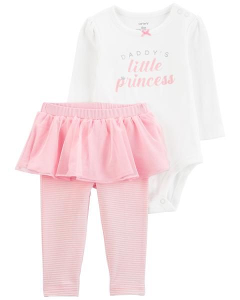 Set Bodysuit Liền Quần Bé Gái Màu Trắng Kèm Quần Váy Màu Hồng Carter's 0-24M