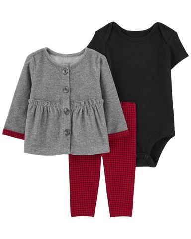 Set 3 Gồm Bodysuit Bé Gái Màu Đen Kèm Quần Dài Ca Rô Đỏ Và Áo Khoác Màu Xám Carter's 0-24M