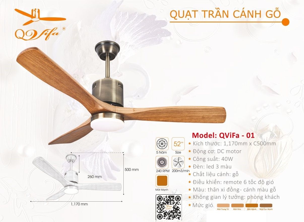 Quạt trần đèn trang trí hiện đại cánh gỗ QVifa 01