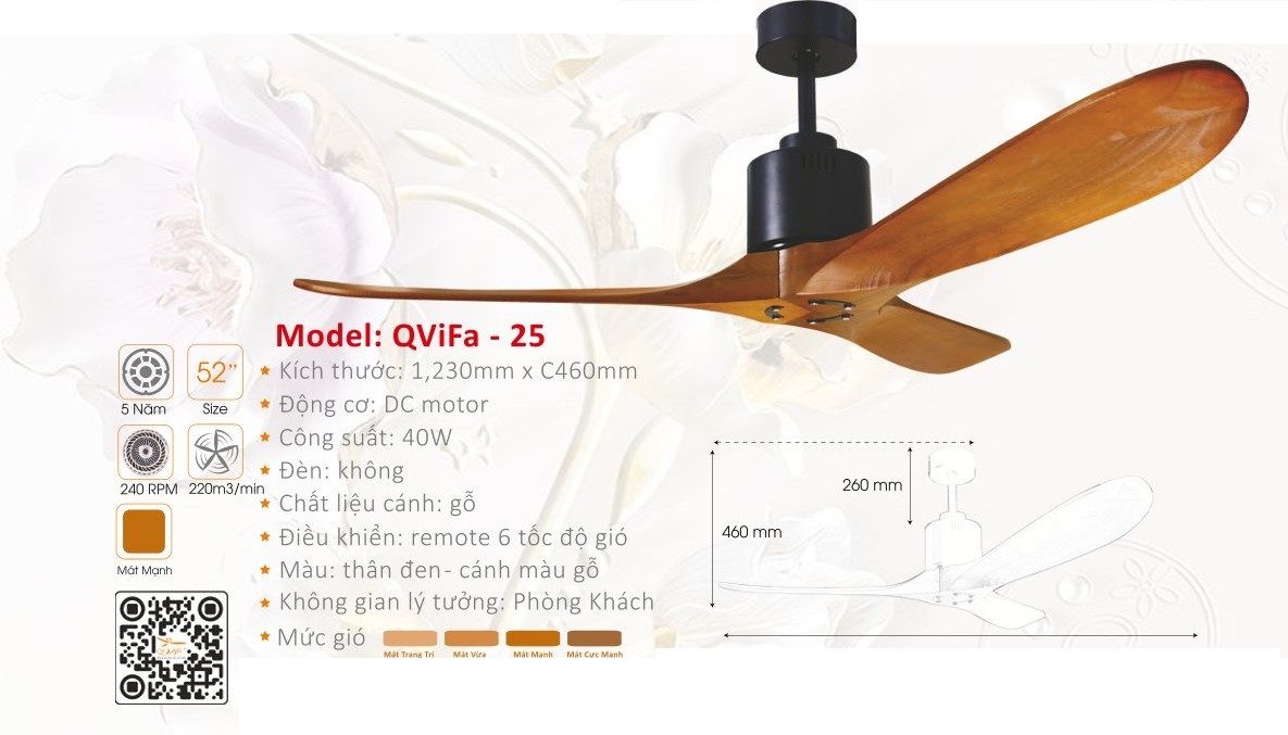 Quạt trần trang trí hiện đại cánh gỗ QVifa - 25