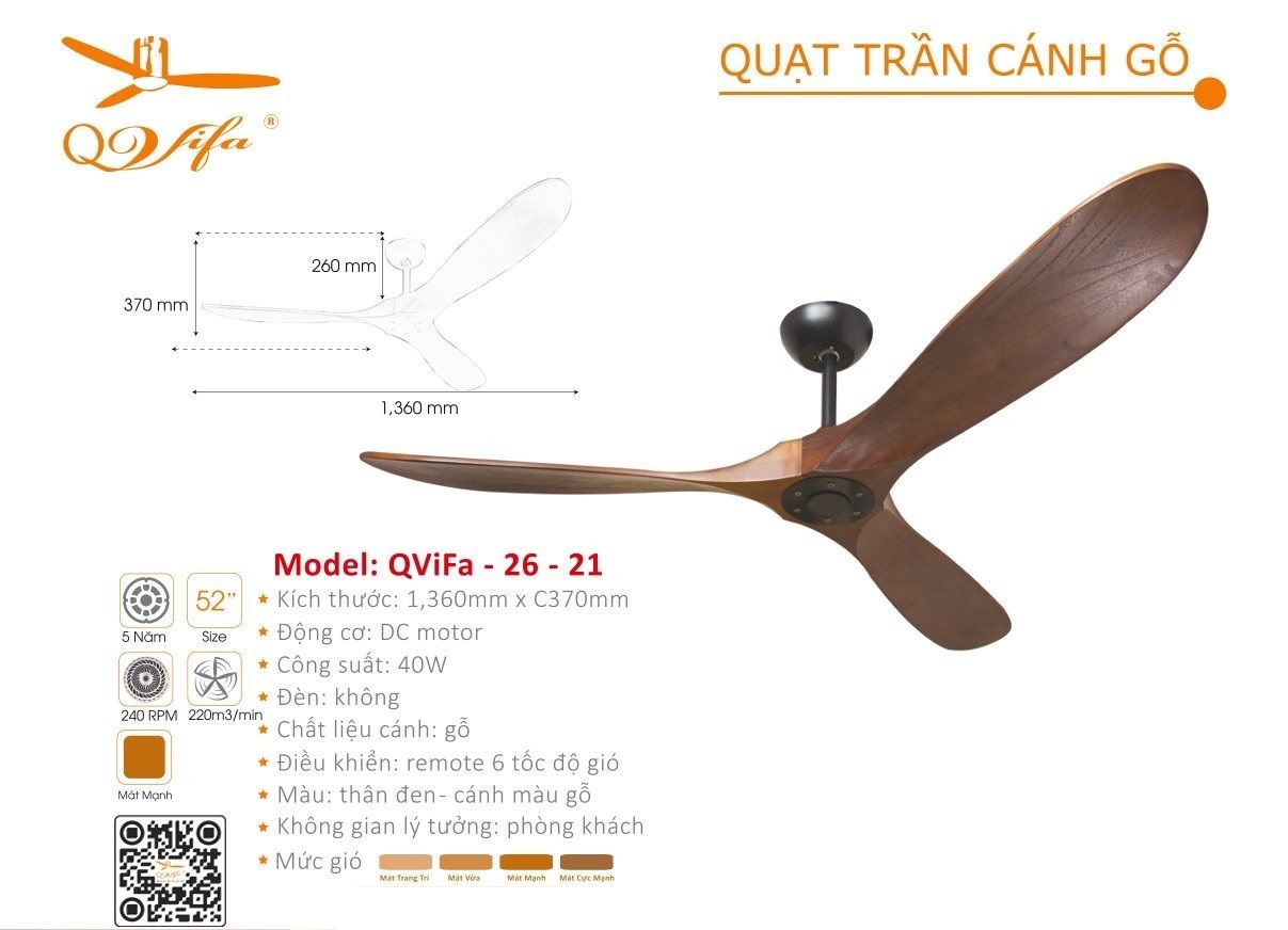 Quạt trần trang trí hiện đại cánh gỗ QVifa 26 - 21