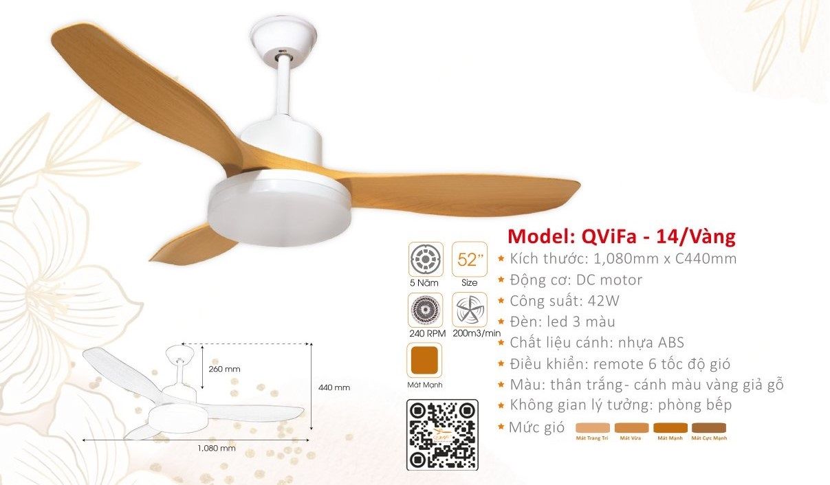 Quạt trần đèn trang trí hiện đại cánh nhựa QVifa 14