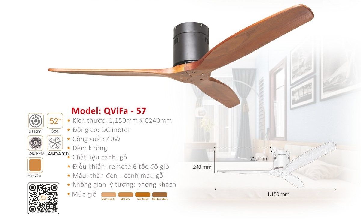 Quạt trần trang trí hiện đại cánh gỗ QVifa 39
