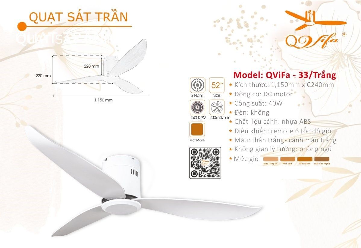 Quạt trần trang trí hiện đại QVifa 33/Trắng