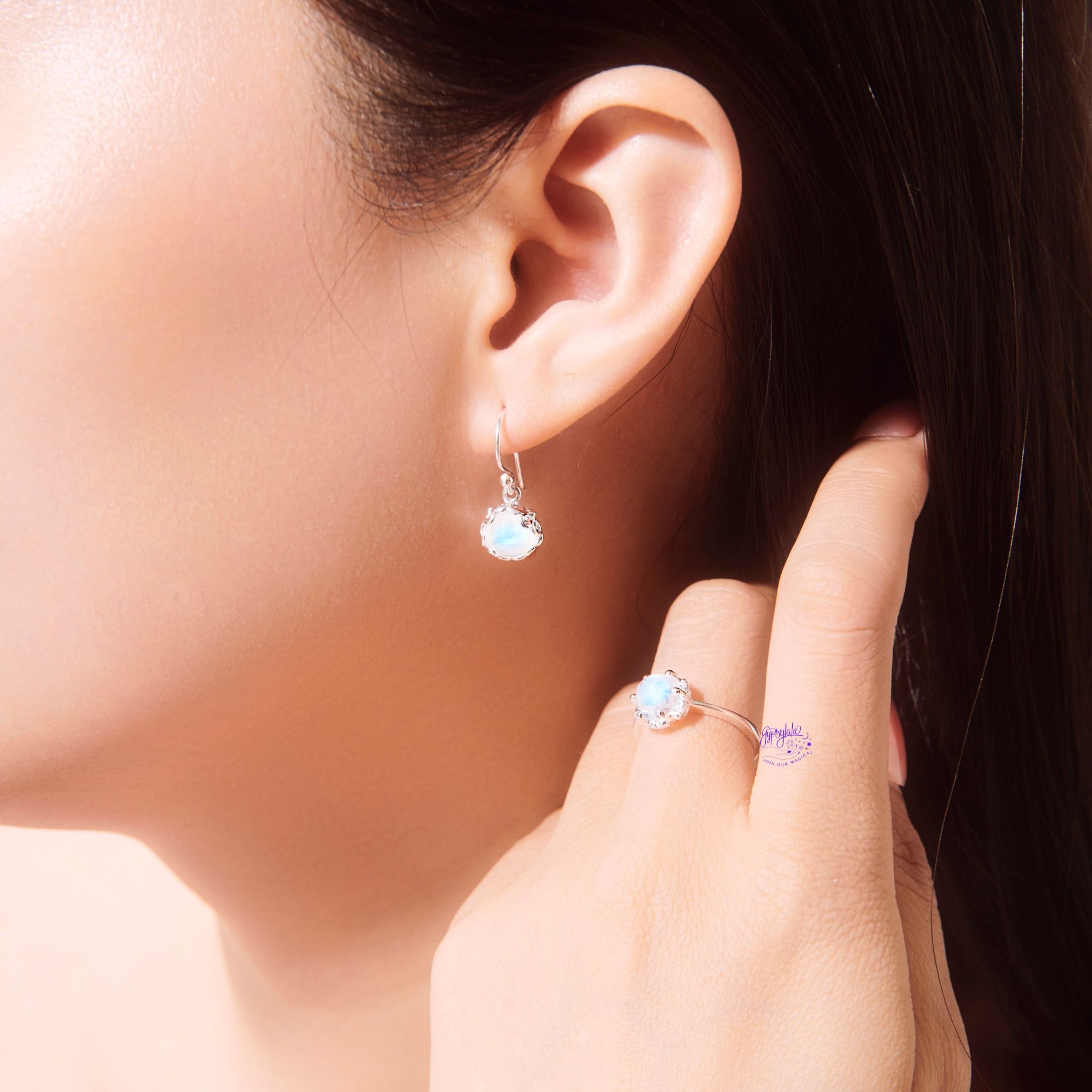  Bông Tai Bạc Hình Tròn Đá Ánh Trăng Moonstone 