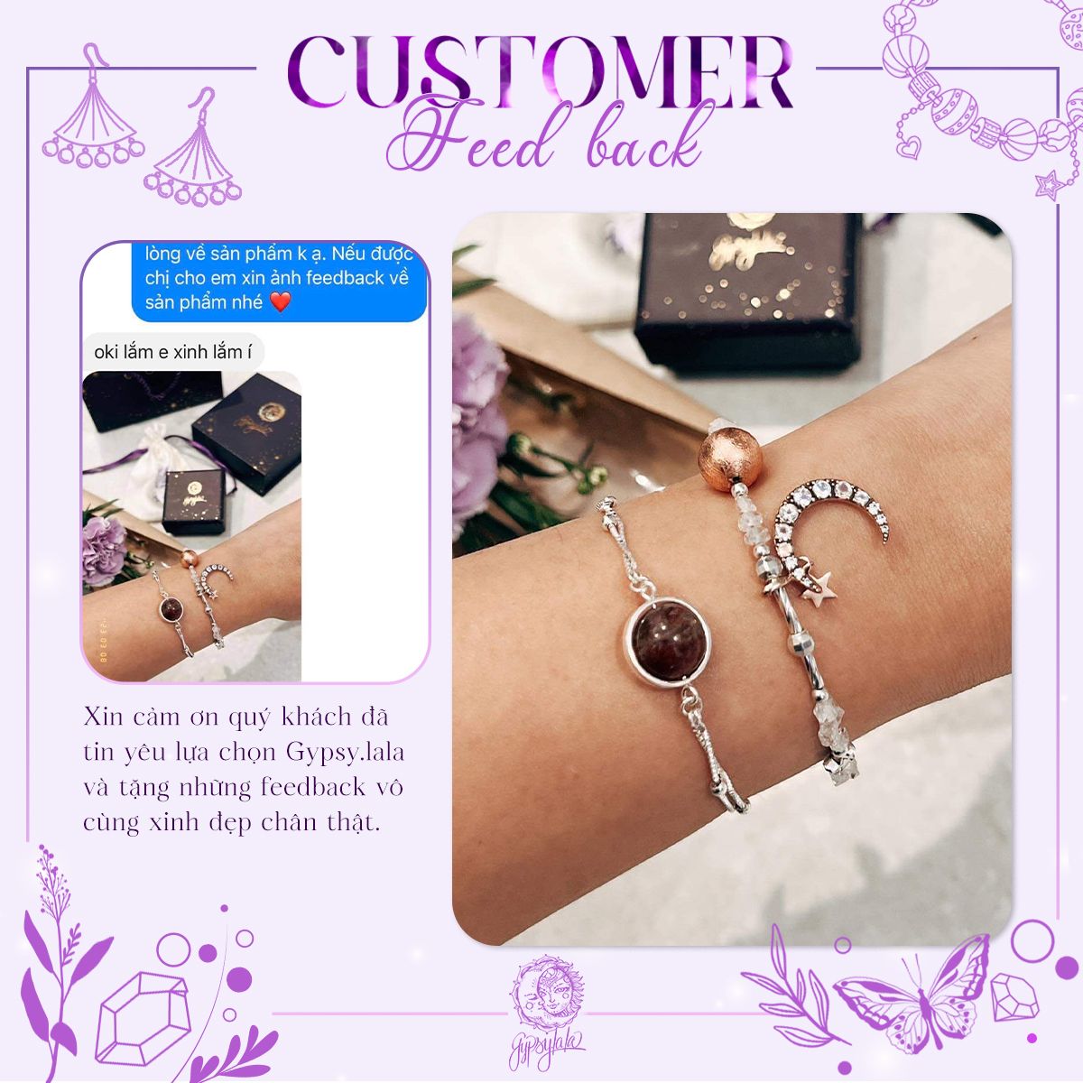 Vòng Tay Đá Kim Cương Thô Charm Mặt Trăng