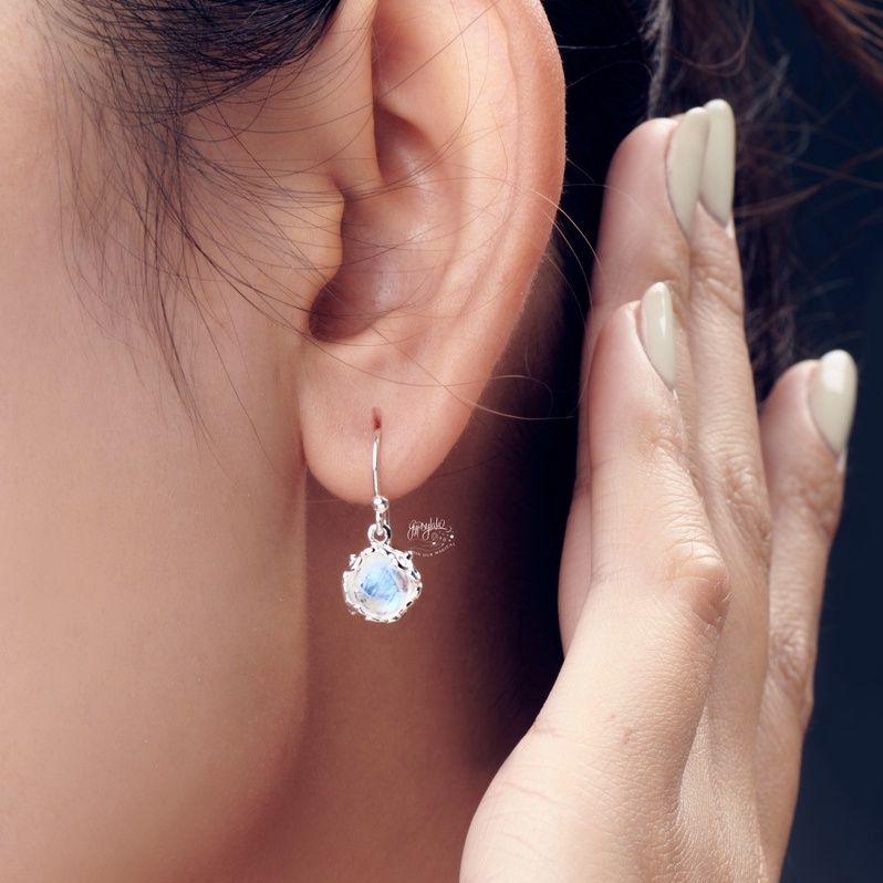  Bông Tai Bạc Hình Tròn Đá Ánh Trăng Moonstone 