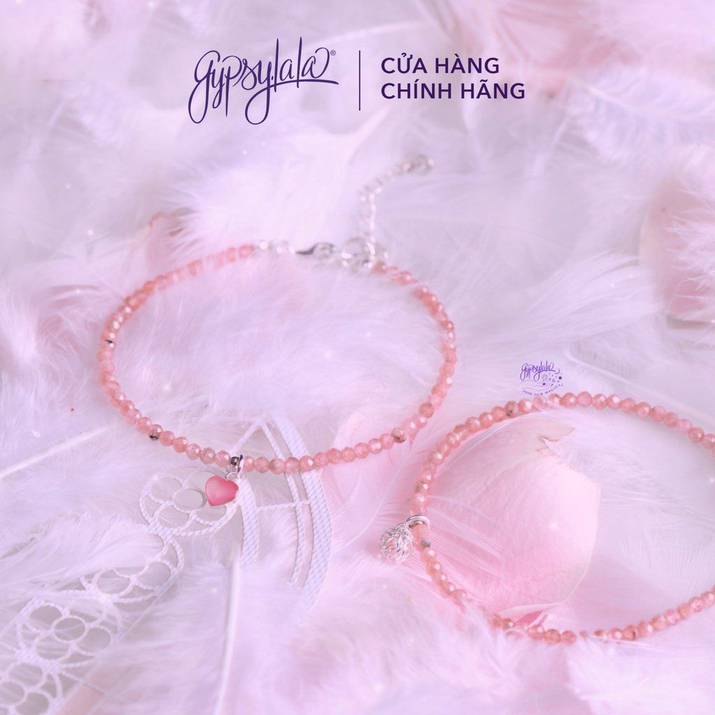 Vòng Tay Đá Đào Hoa Mini Thô Charm Bạc
