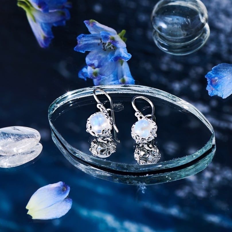  Bông Tai Bạc Hình Tròn Đá Ánh Trăng Moonstone 