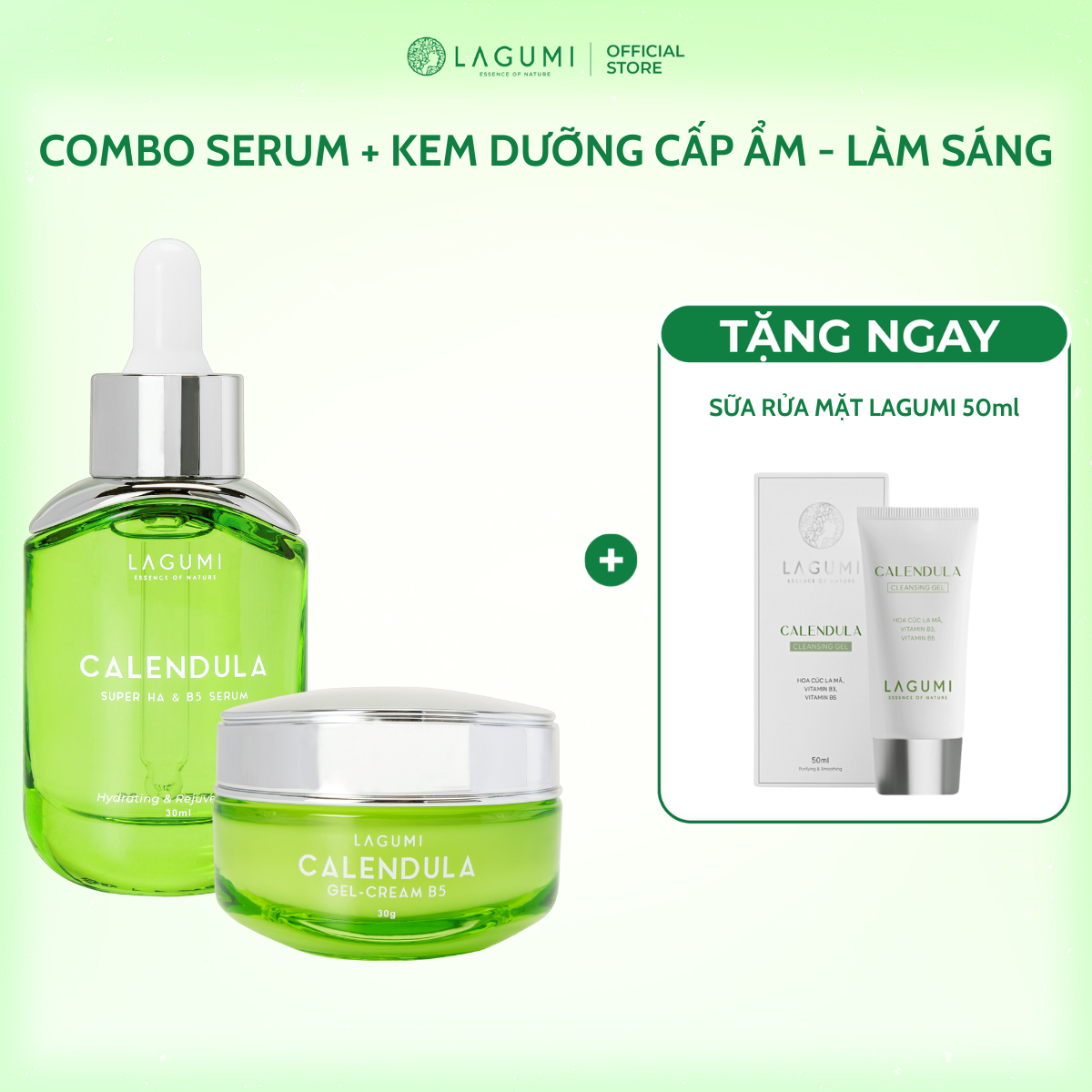 Combo cấp ẩm, căng bóng da Lagumi (Serum Super HA & B5 30ml - Kem dưỡng Gel Cream B5 30gr)