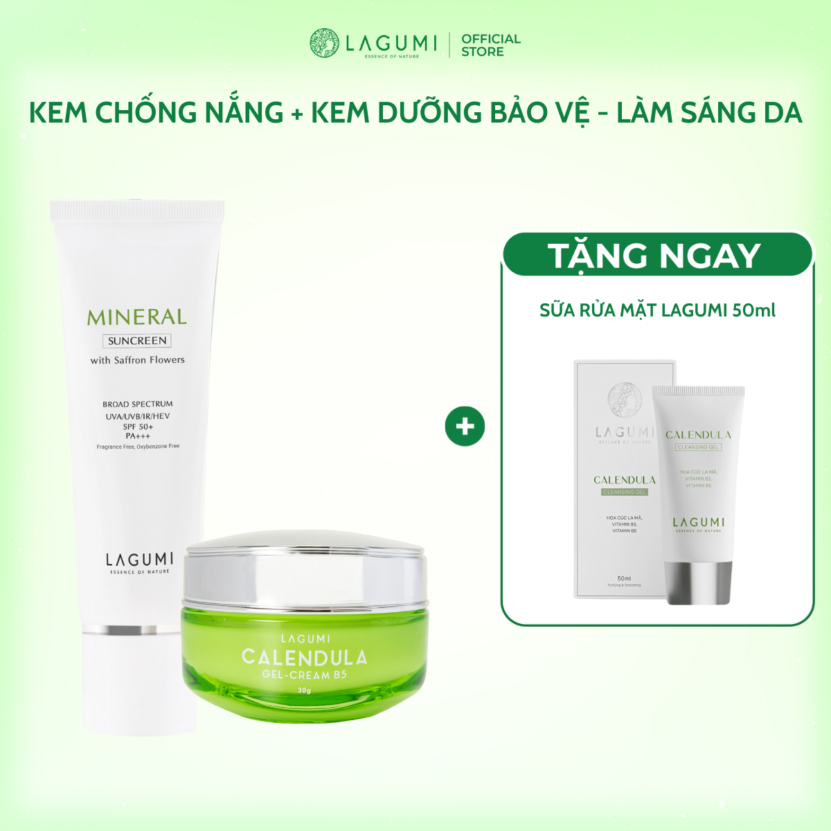 Combo Cấp ẩm và bảo vệ da 2 món Kem dưỡng B5 và Kem chống nắng nhụy hoa nghệ tây Lagumi