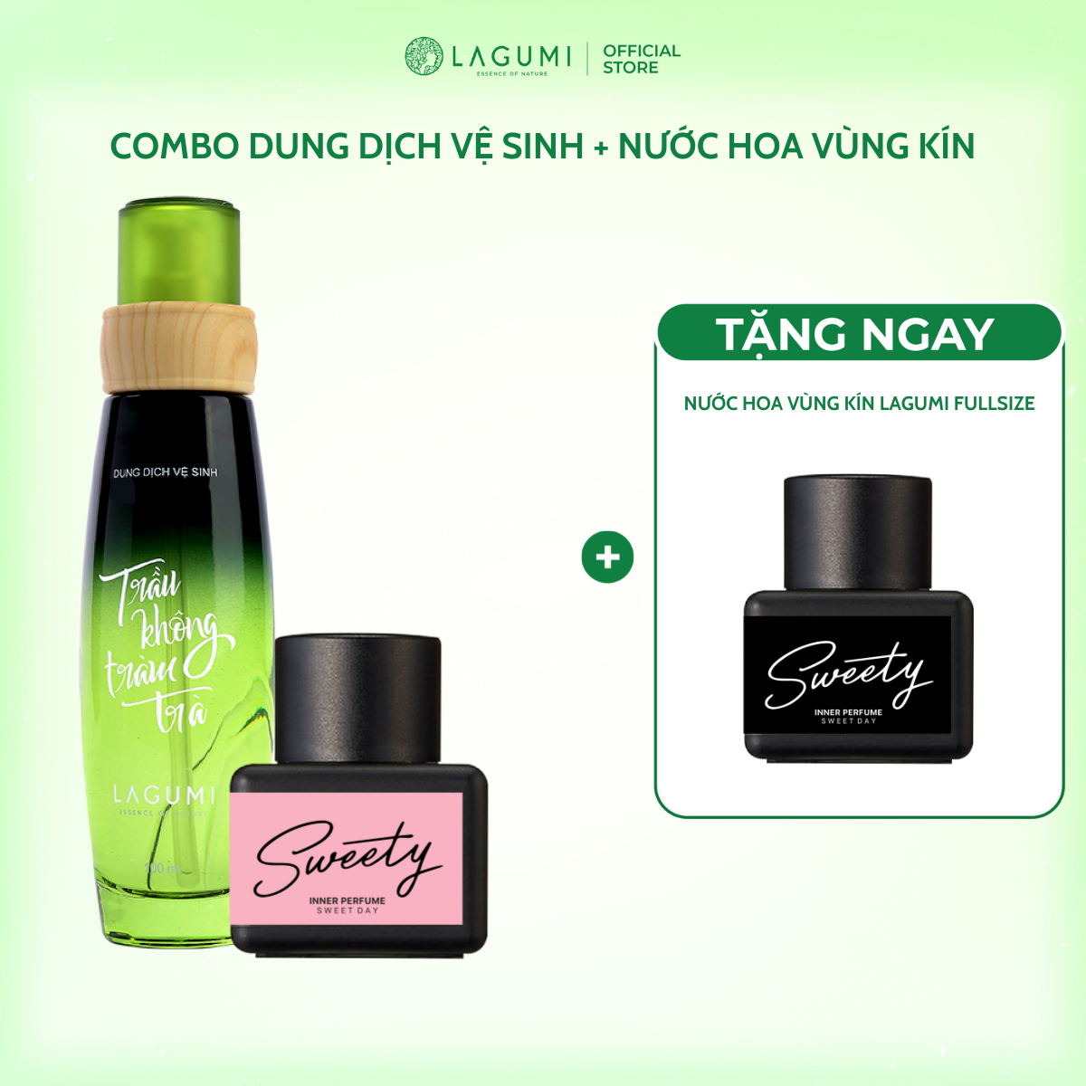 Combo sạch thơm toàn diện Lagumi (Dung dịch vệ sinh trầu không tràm trà Lagumi + Nước hoa vùng kín Lagumi Sweety )