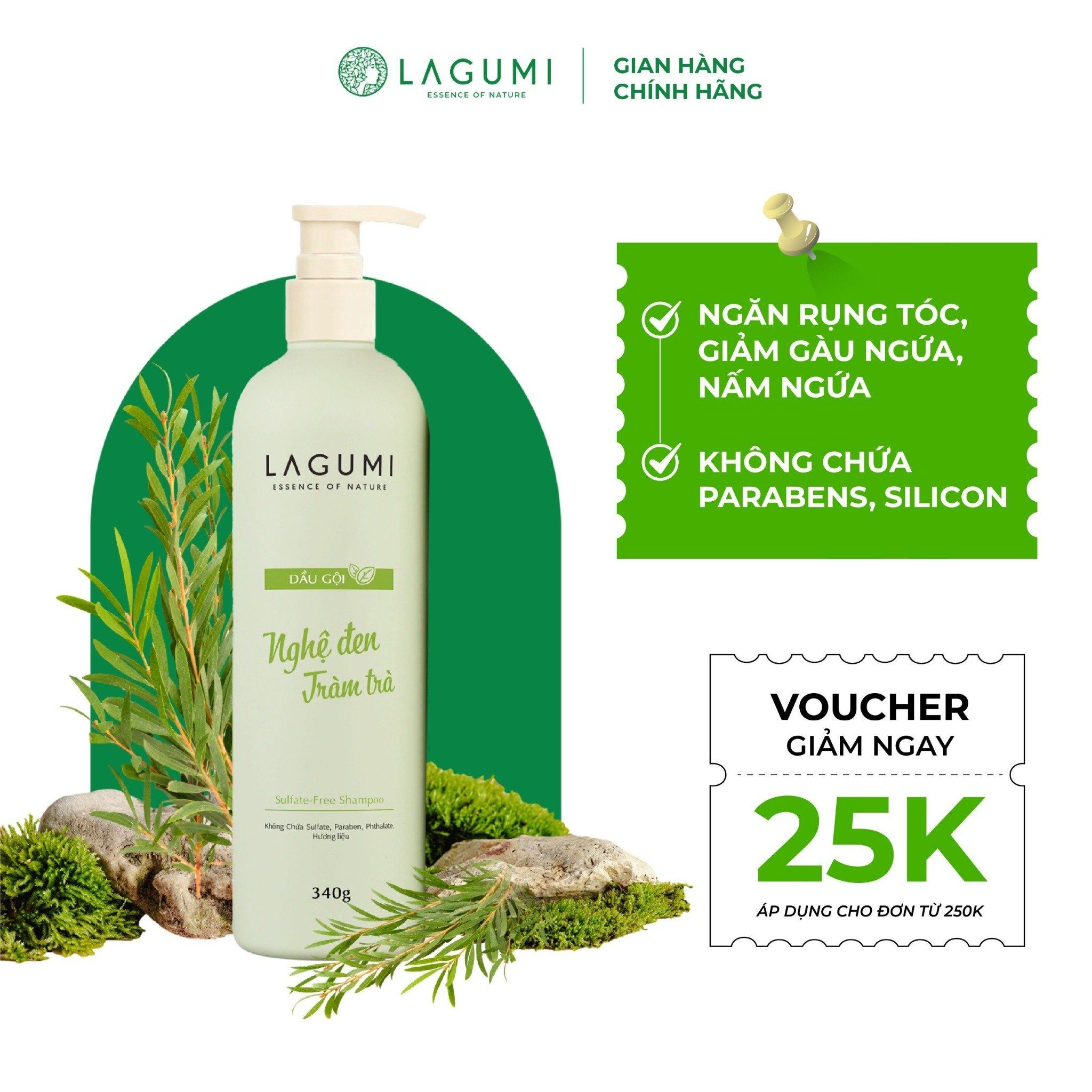 Dầu gội thảo dược không Sillicon chiết xuất Nghệ đen - Tràm trà Lagumi 340g