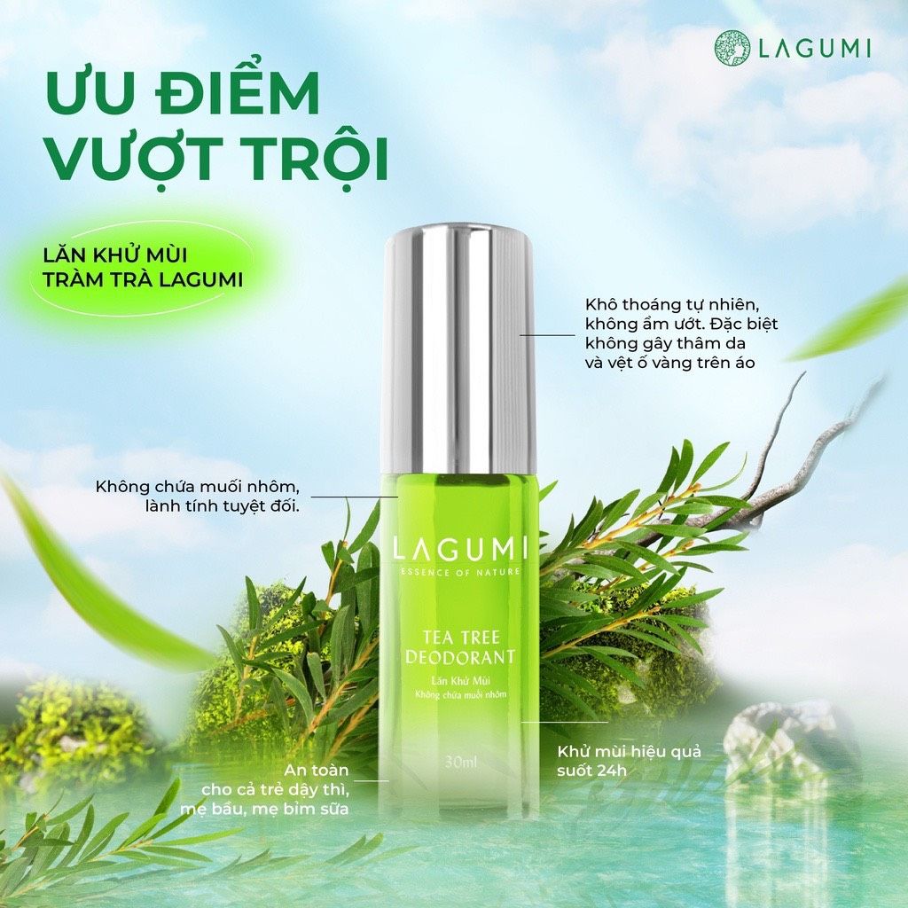 Lăn khử mùi tràm trà Lagumi không muối nhôm công nghệ ngăn mùi Nhật Bản khô thoáng đến 24h dung tích 30ml