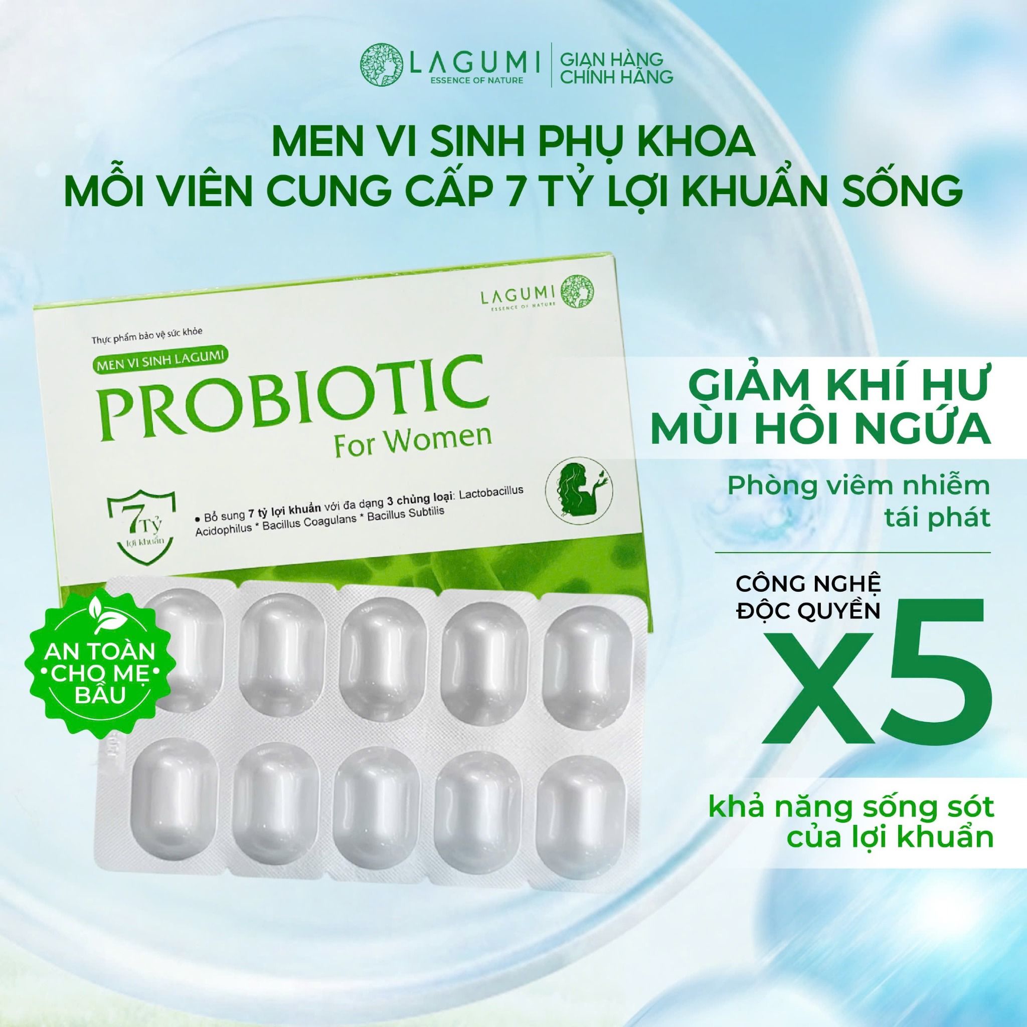 Men Vi Sinh Phụ Khoa Lagumi Giảm Viêm Tái Lại Giảm Khí Hư Bổ Sung 7 Tỷ Lợi Khuẩn Hộp 10 Viên