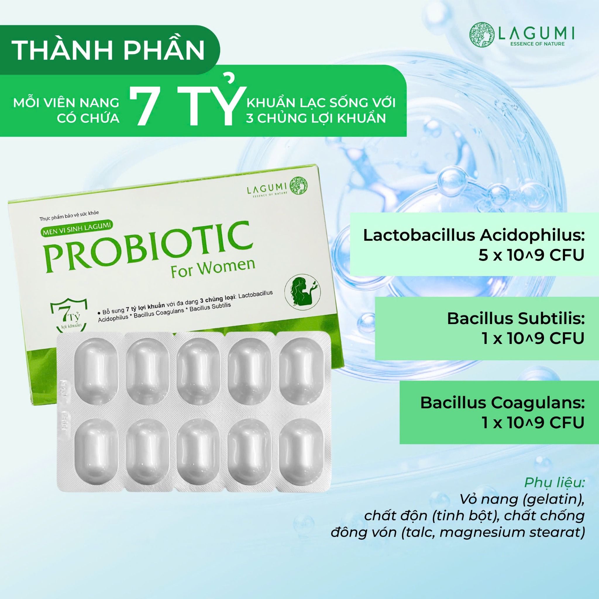 Men Vi Sinh Phụ Khoa Lagumi Giảm Viêm Tái Lại Giảm Khí Hư Bổ Sung 7 Tỷ Lợi Khuẩn Hộp 10 Viên