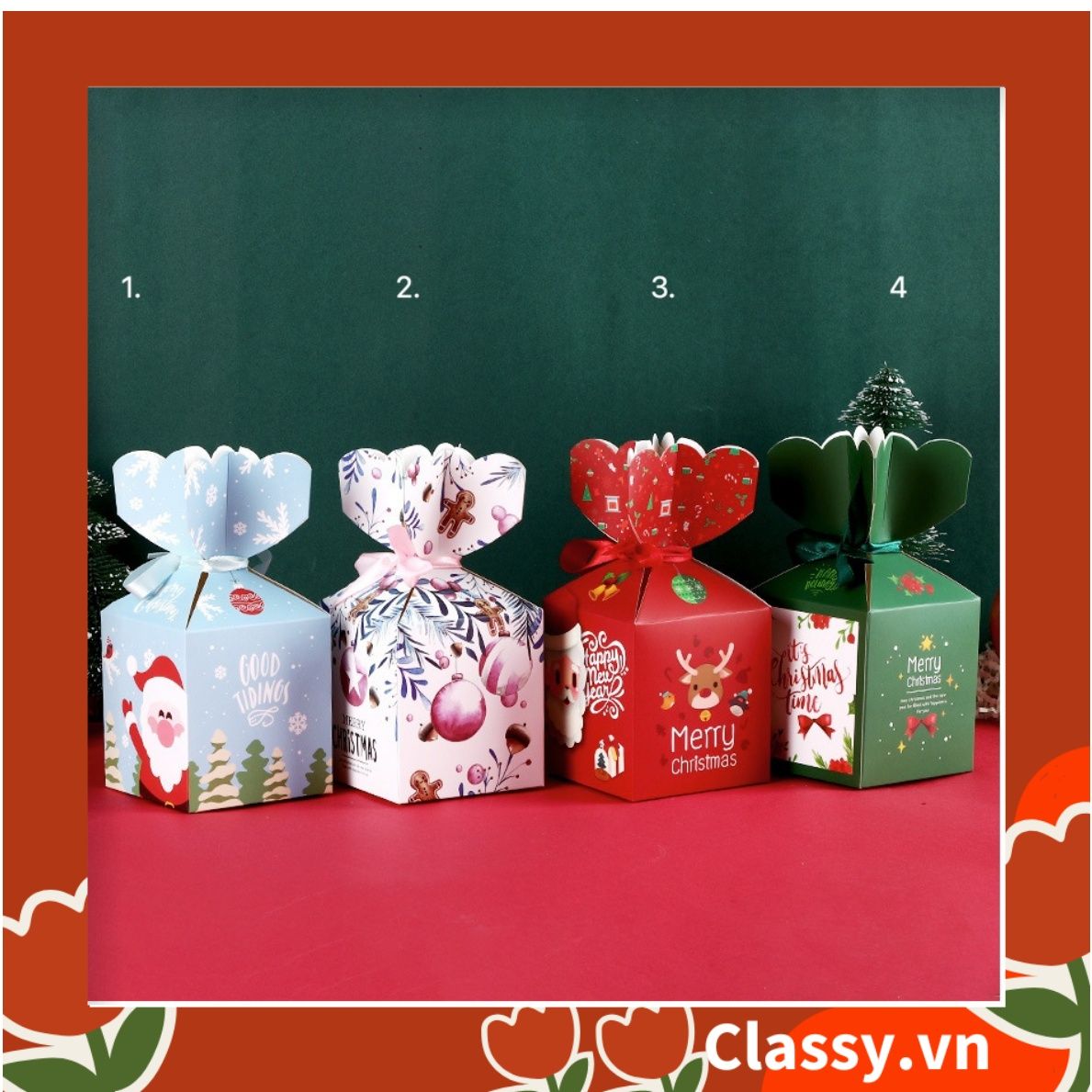 Hộp giấy Giáng sinh 9.5*8*8cm tự gấp hình viên kẹo, gắn ruy băng; in họa tiết NOEL vui vẻ Q765