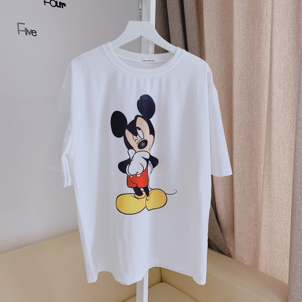 Áo thun tay lỡ form rộng Unisex (Freesize) In hình Mickey Suy tư, Áo thun thiết kế chất liệu thun co giãn 4 chiều