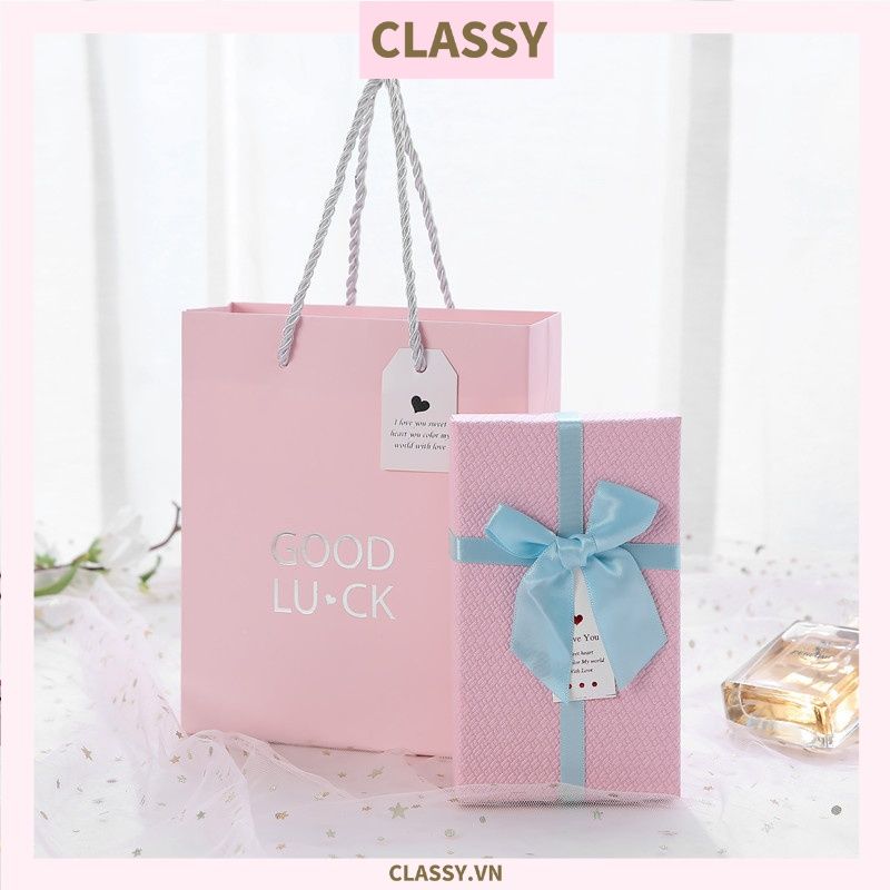 Hộp đựng quà tặng gắn nơ và tag chúc mừng, đựng son môi, nước hoa, sô cô la, trang sức