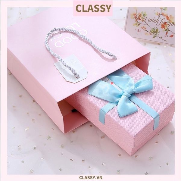 Hộp đựng quà tặng gắn nơ và tag chúc mừng, đựng son môi, nước hoa, sô cô la, trang sức
