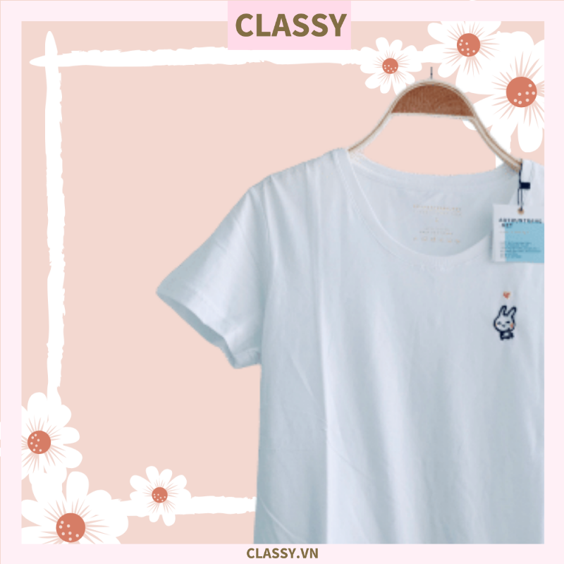 Áo thun thêu hình chú thỏ trắng, thỏ ngọc, vải 100% cotton Kháng khuẩn cổ tròn Trắng - SP thân thiện môi trường