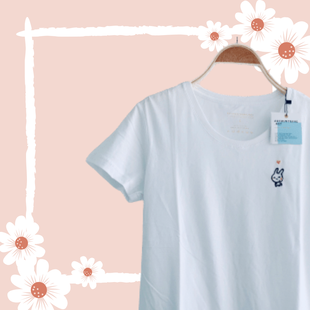 Áo thun thêu hình chú thỏ trắng, thỏ ngọc, vải 100% cotton Kháng khuẩn cổ tròn Trắng - SP thân thiện môi trường