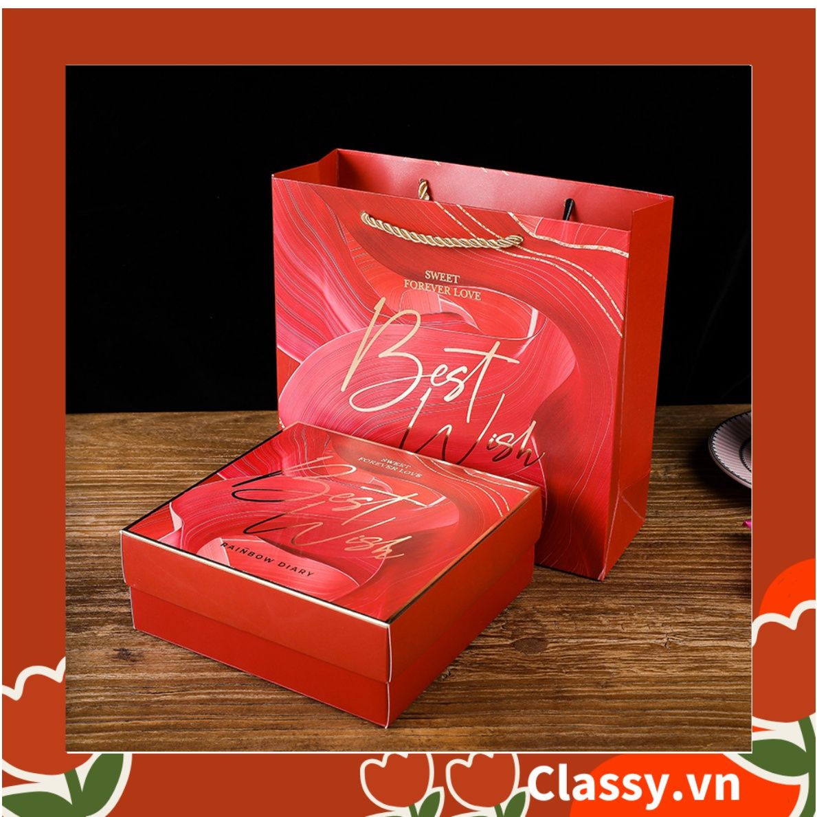 Bộ túi giấy +Hộp quà Màu đỏ Kích thước 16 * 15 * 6,5cm dùng làm quà tặng, in chữ Best Wishes (Có xé lẻ) Q215