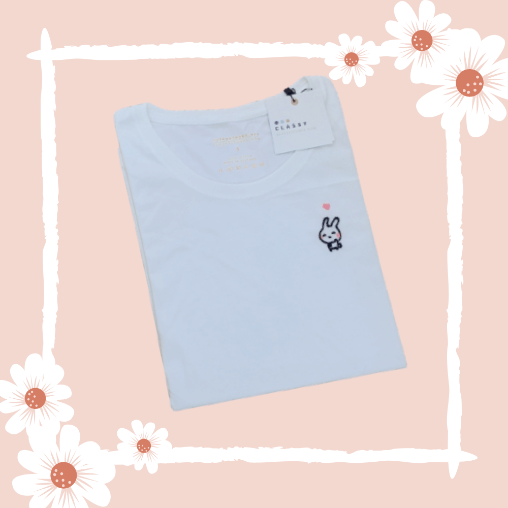Áo thun thêu hình chú thỏ trắng, thỏ ngọc, vải 100% cotton Kháng khuẩn cổ tròn Trắng - SP thân thiện môi trường