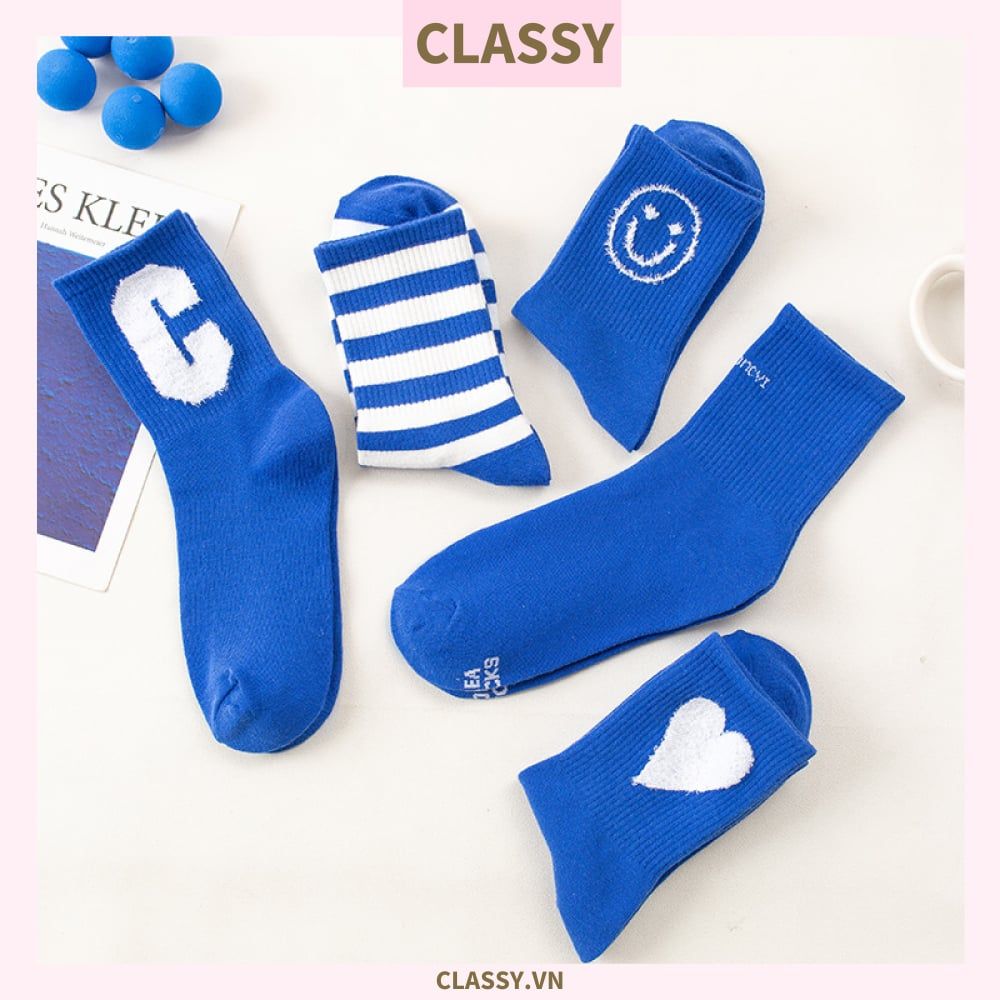 Classy Tất cổ cao, vớ cổ cao màu xanh họa tiết vui nhộn, chất cotton siêu êm G1346