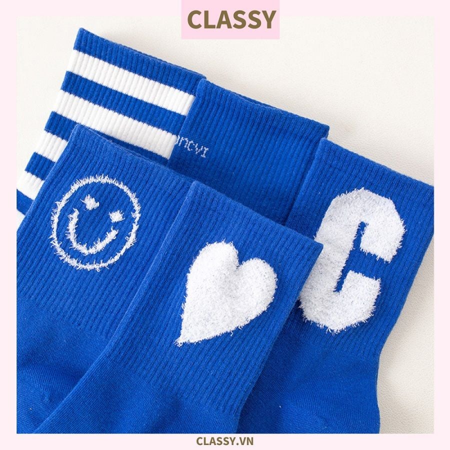 Classy Tất cổ cao, vớ cổ cao màu xanh họa tiết vui nhộn, chất cotton siêu êm G1346