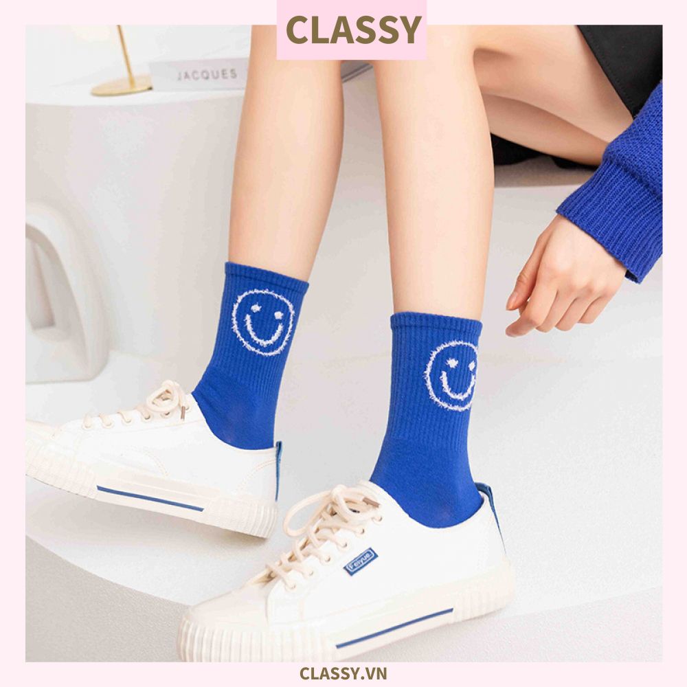 Classy Tất cổ cao, vớ cổ cao màu xanh họa tiết vui nhộn, chất cotton siêu êm G1346