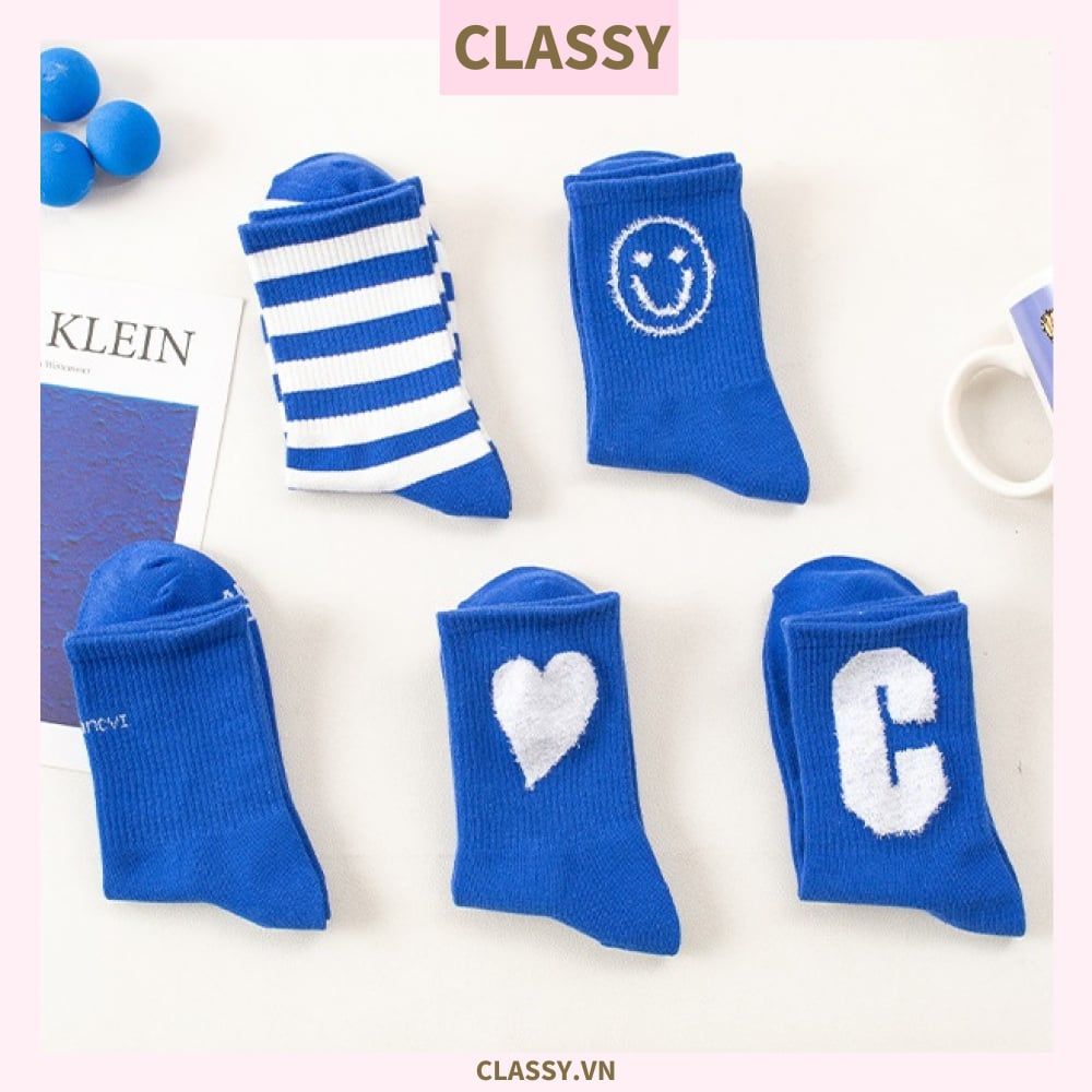 Classy Tất cổ cao, vớ cổ cao màu xanh họa tiết vui nhộn, chất cotton siêu êm G1346