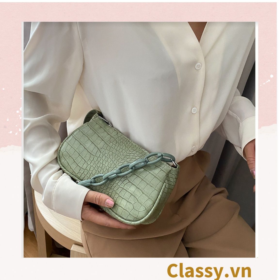 Túi đeo vai dây xích màu trà sữa kiểu dáng Vintage phong cách Retro - đủ 7 màu sắc lựa chọn T252