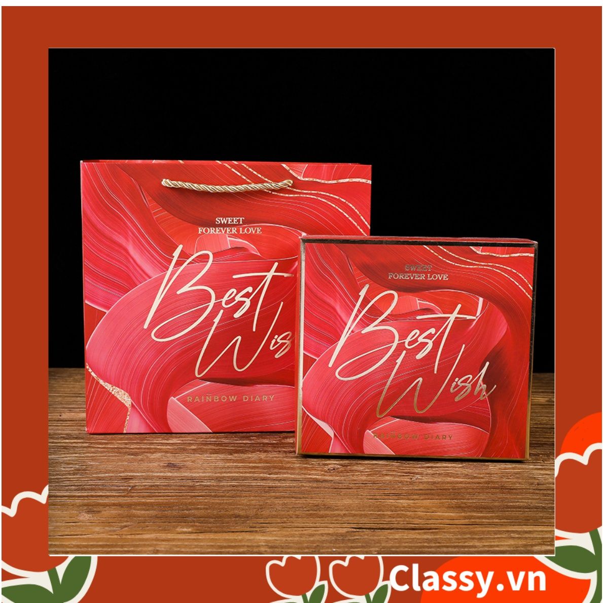 Bộ túi giấy +Hộp quà Màu đỏ Kích thước 16 * 15 * 6,5cm dùng làm quà tặng, in chữ Best Wishes (Có xé lẻ) Q215