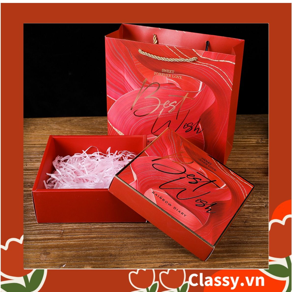Bộ túi giấy +Hộp quà Màu đỏ Kích thước 16 * 15 * 6,5cm dùng làm quà tặng, in chữ Best Wishes (Có xé lẻ) Q215