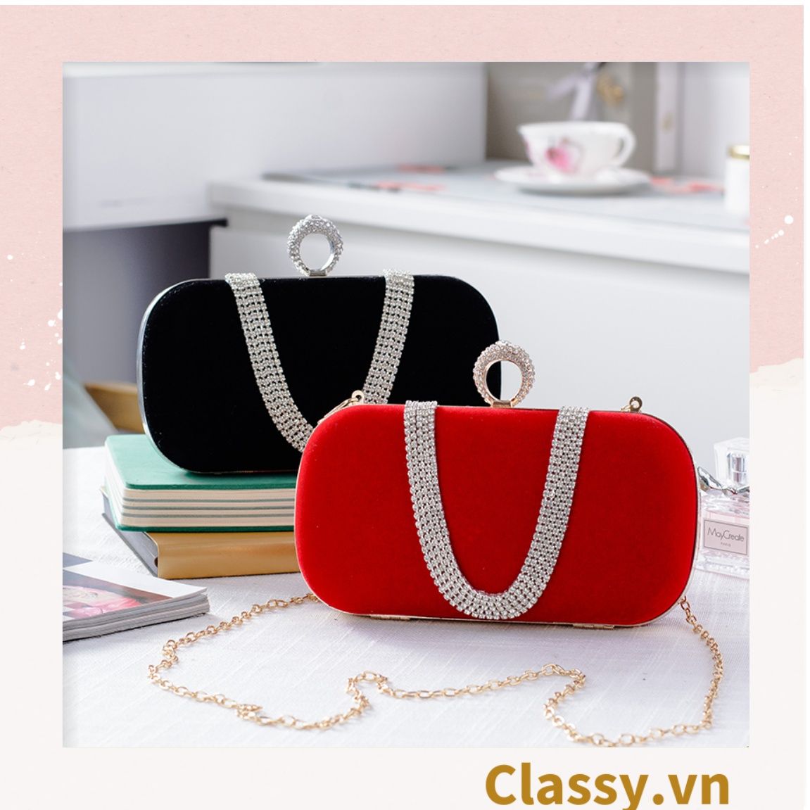  Cốp nhung - Clutch nhung đi tiệc siêu sang Dài 18 CM X Cao 6 CM, đựng vừa điện thoại, son môi 