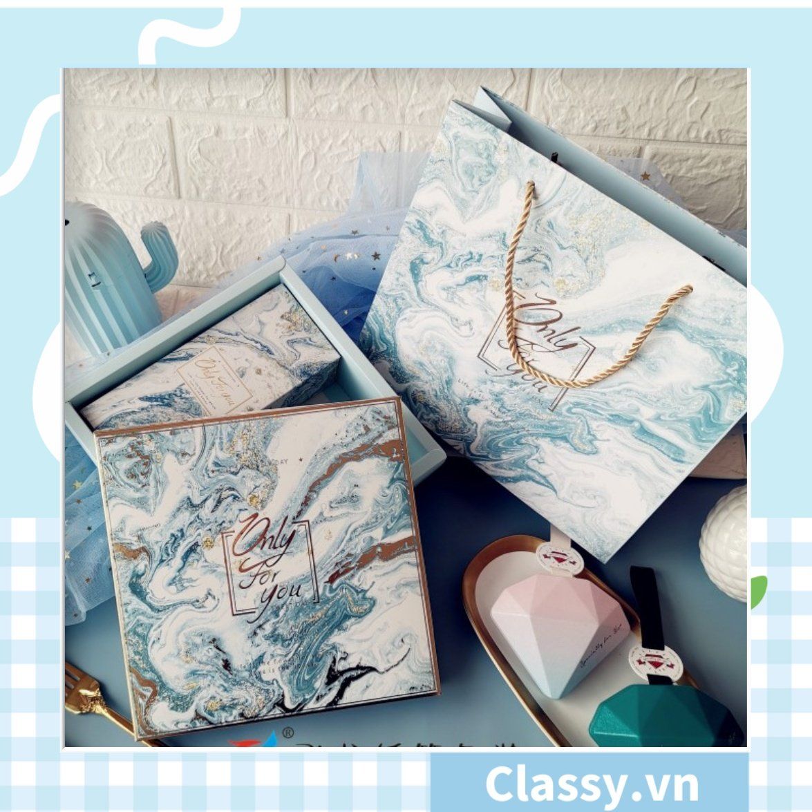 XÉ LẺ túi giấy +Hộp quà lớn +02 Hộp mini quà tặng hoạ tiết đá cẩm thạch, In chữ Only For You phong cách châu Âu Q296