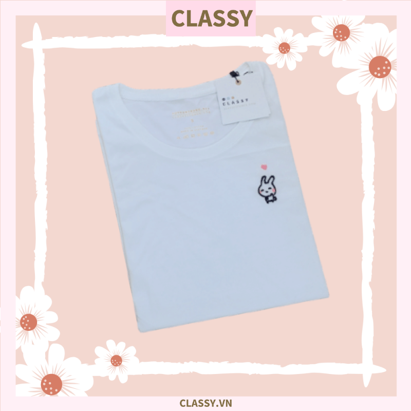 Áo thun thêu hình chú thỏ trắng, thỏ ngọc, vải 100% cotton Kháng khuẩn cổ tròn Trắng - SP thân thiện môi trường