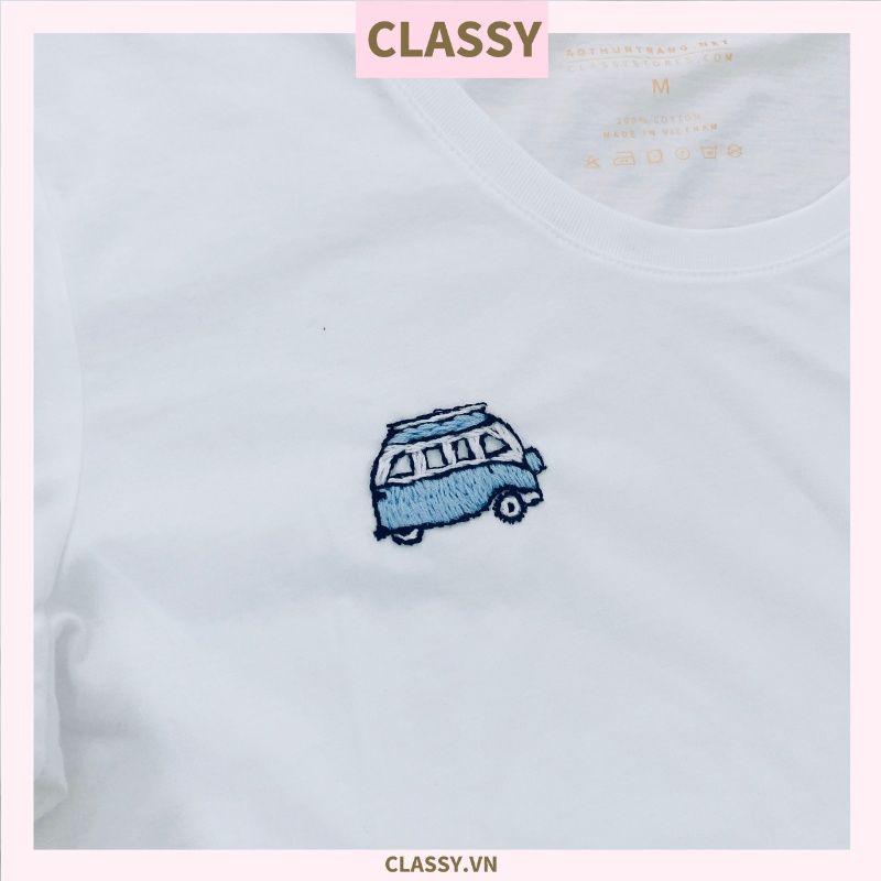 Áo thun thêu hình xe du lịch, vải 100% cotton Kháng khuẩn cổ tròn Trắng - SP thân thiện môi trường