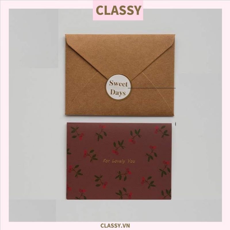 Thiệp Cổ điển Vintage Classy in họa tiết hoa nhí giấy art sang trọng kèm phong bì giấy kraft nâu Q724