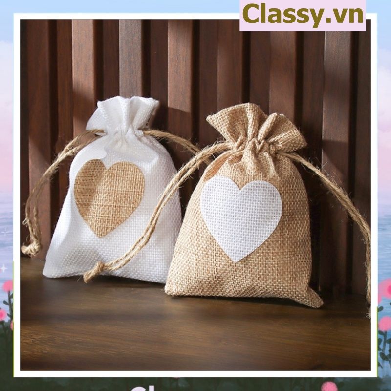 úi dây rút bằng vải lanh kích thước 10x14CM mặt trước in trái tim T1355