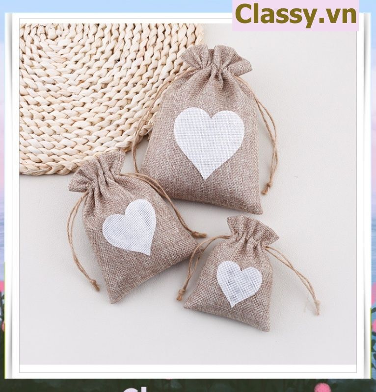 úi dây rút bằng vải lanh kích thước 10x14CM mặt trước in trái tim T1355