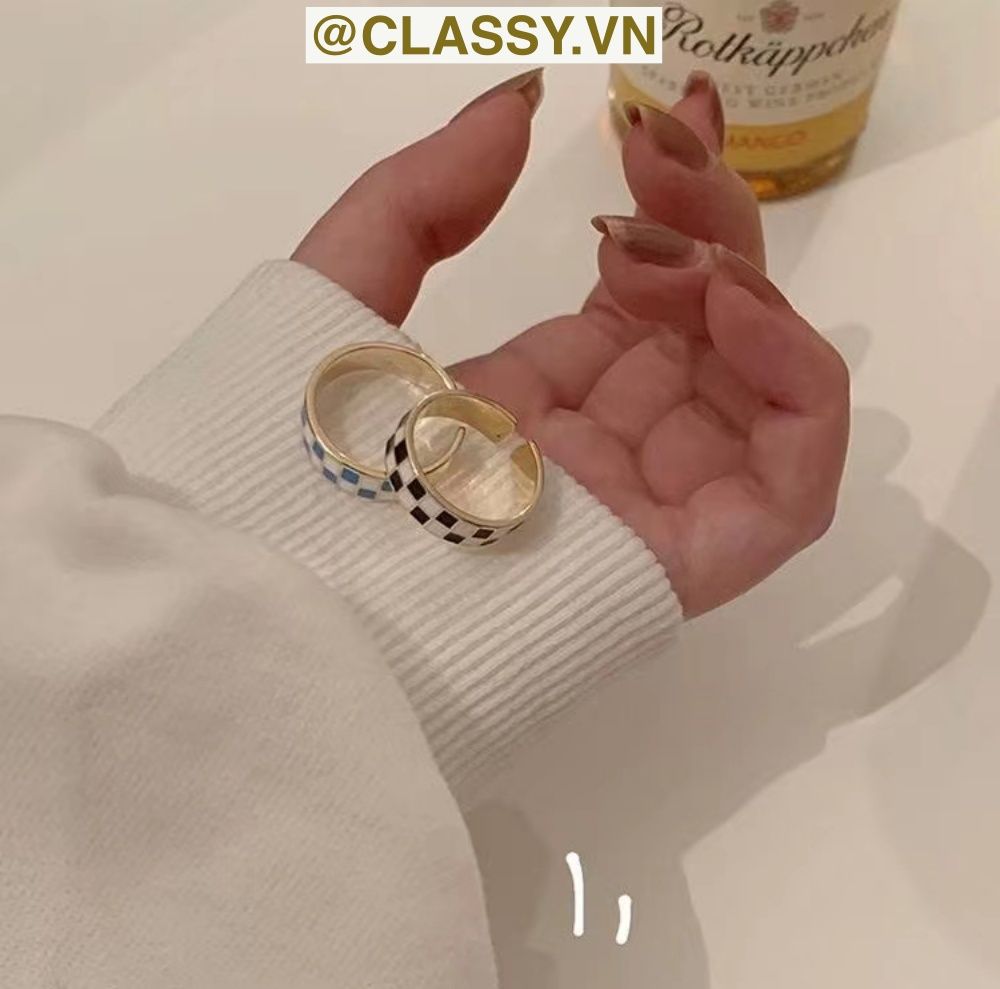 Classy Nhẫn hở họa tiết bàn cờ phối xanh và đen độc đáo PK1395