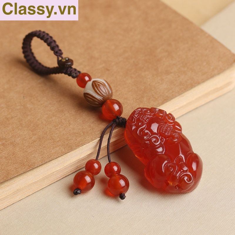 Classy Móc khóa phong thủy hình tỳ hưu làm từ đá thạch anh mang ý nghĩa may mắn gắn chìa khóa, điện thoại, sổ tay PK1420